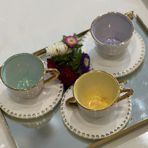 Jogo 6 Xícaras de Chá com Pires Cerâmica Brasilis Colors com Filete em Ouro 300ml Scalla