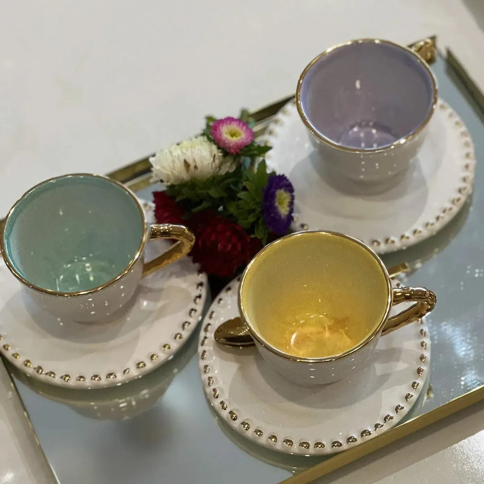 Jogo 6 Xícaras de Chá com Pires Cerâmica Brasilis Colors com Filete em Ouro 300ml Scalla