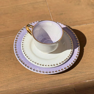 Jogo 6 Xícaras de Chá com Pires Cerâmica Brasilis Lilás com Filete em Ouro 300ml Scalla