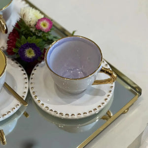 Jogo 6 Xícaras de Chá com Pires Cerâmica Brasilis Lilás com Filete em Ouro 300ml Scalla