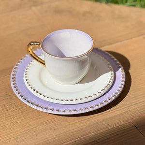 Jogo 6 Xícaras de Chá com Pires Cerâmica Brasilis Lilás com Filete em Ouro 300ml Scalla