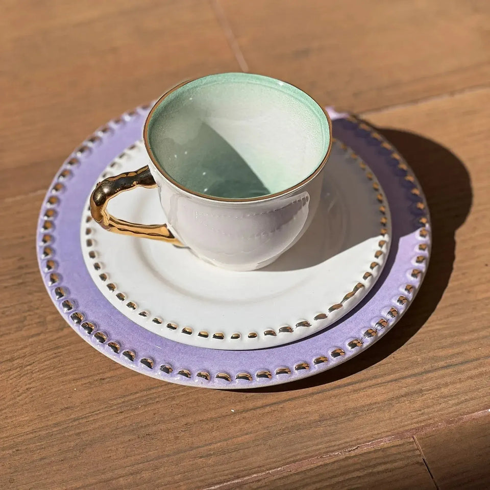 Jogo 6 Xícaras de Chá com Pires Cerâmica Brasilis Verde com Filete em Ouro 300ml Scalla
