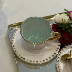 Jogo 6 Xícaras de Chá com Pires Cerâmica Brasilis Verde com Filete em Ouro 300ml Scalla