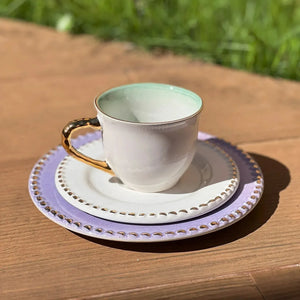 Jogo 6 Xícaras de Chá com Pires Cerâmica Brasilis Verde com Filete em Ouro 300ml Scalla