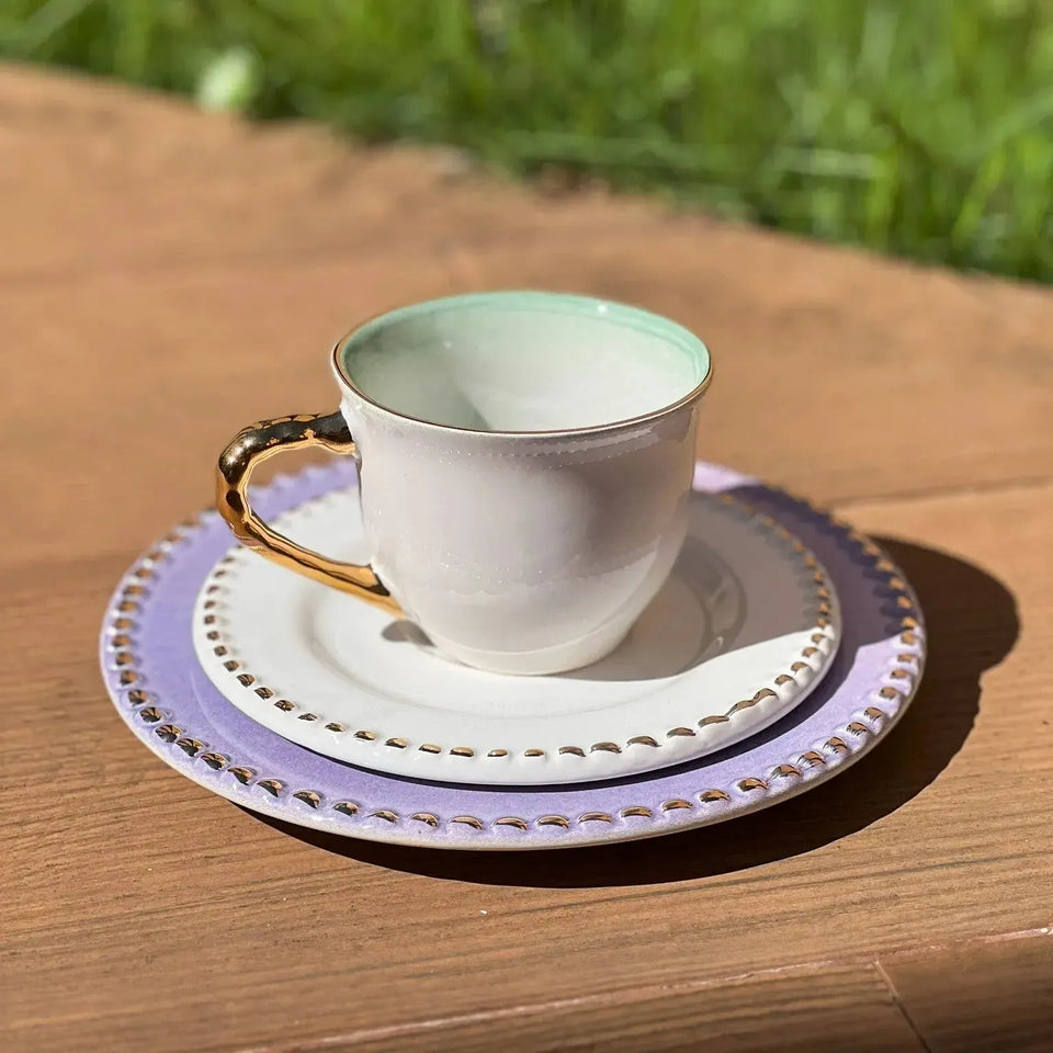 Jogo 6 Xícaras de Chá com Pires Cerâmica Brasilis Verde com Filete em Ouro 300ml Scalla