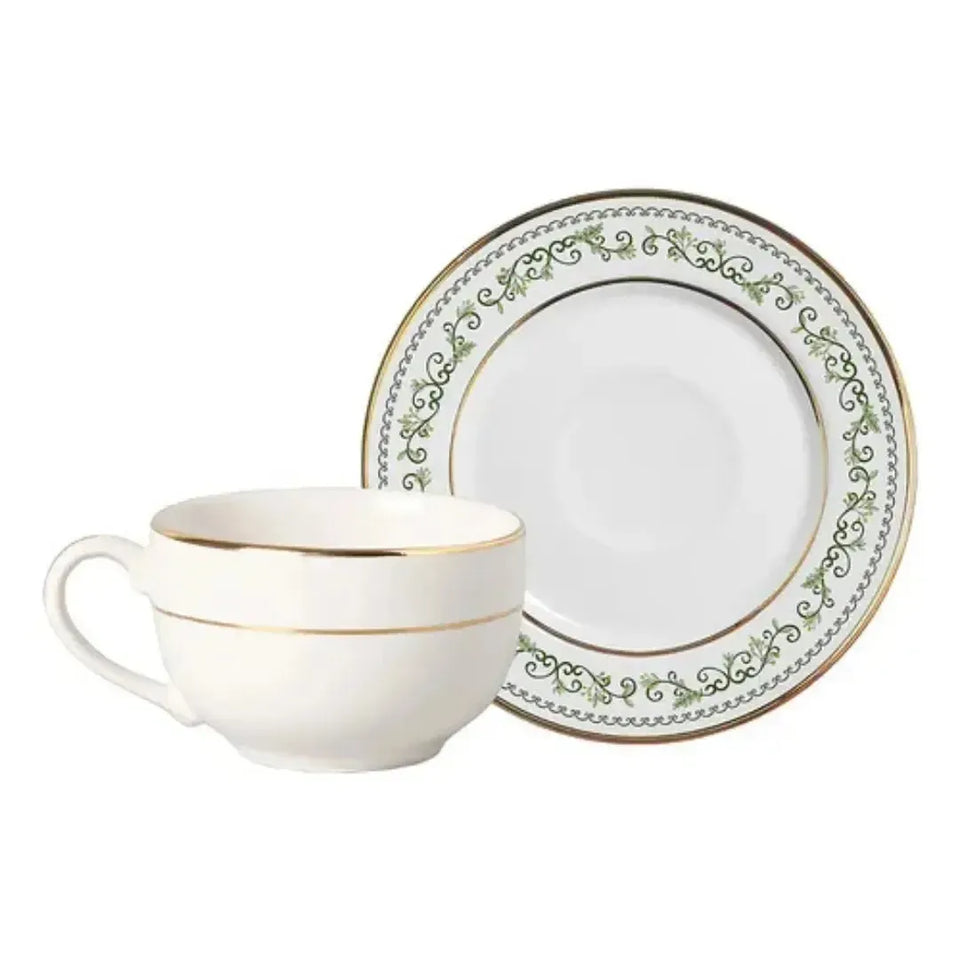 Jogo 6 Xicaras de Chá com Pires Cerâmica Classic Christmas Filete Ouro 250ml Alleanza