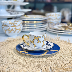 Jogo 6 Xícaras de Chá com Pires Cerâmica Coral Blue 180ml Scalla