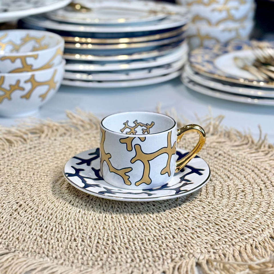 Jogo 6 Xícaras de Chá com Pires Cerâmica Coral Blue 180ml Scalla