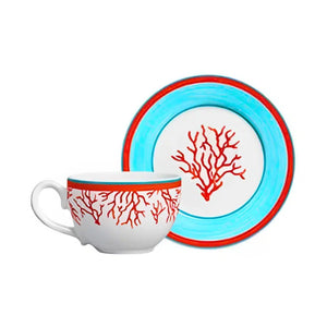 Jogo 6 Xícaras de Chá com Pires Cerâmica Reto Coral 300ml Scalla