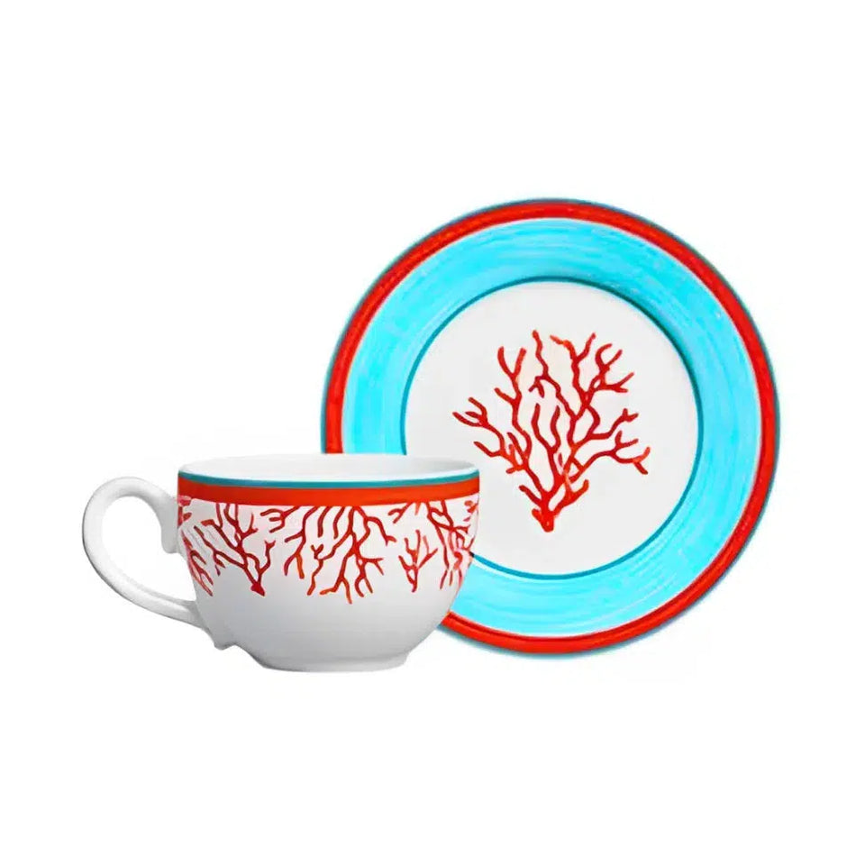 Jogo 6 Xícaras de Chá com Pires Cerâmica Reto Coral 300ml Scalla