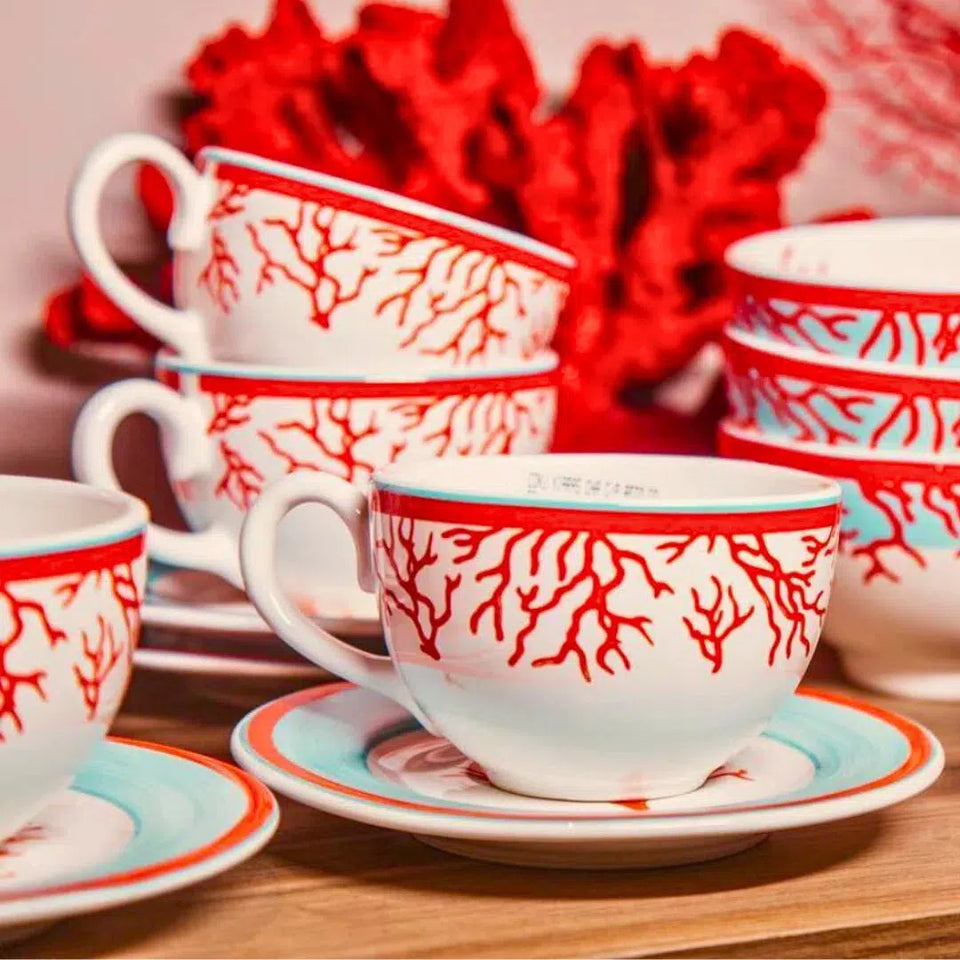 Jogo 6 Xícaras de Chá com Pires Cerâmica Reto Coral 300ml Scalla