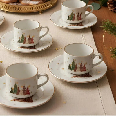 Jogo 6 Xícaras de Chá com Pires Cerâmica Vermelho Filete Dourado Bosque Encantado Scalla