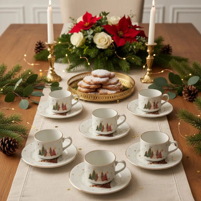 Jogo 6 Xícaras de Chá com Pires Cerâmica Vermelho Filete Dourado Bosque Encantado Scalla