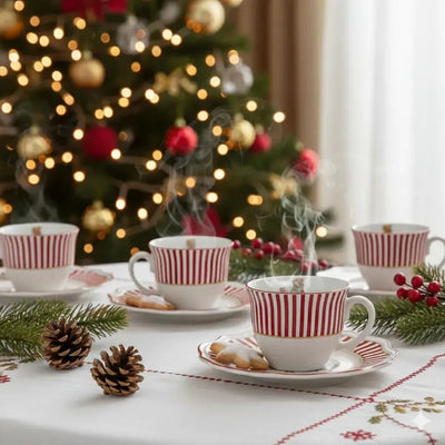 Jogo 6 Xícaras de Chá com Pires Cerâmica Vermelho Filete Dourado Christmas Charm Scalla