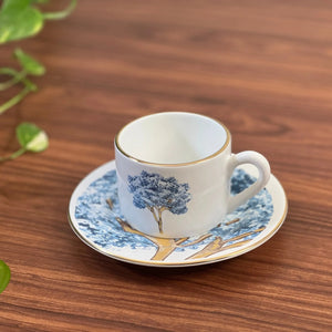 Jogo 6 Xícaras de Chá com Pires Cerâmica Ypê Azul com Filete de Ouro 200ml Scalla