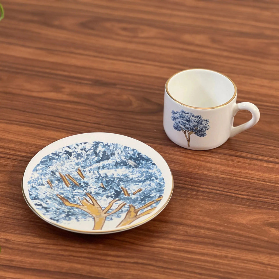 Jogo 6 Xícaras de Chá com Pires Cerâmica Ypê Azul com Filete de Ouro 200ml Scalla