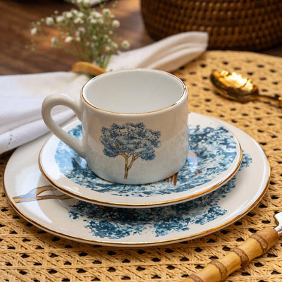 Jogo 6 Xícaras de Chá com Pires Cerâmica Ypê Azul com Filete de Ouro 200ml Scalla