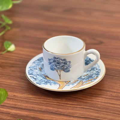 Jogo 6 Xícaras de Chá com Pires Cerâmica Ypê Colorido com Filete de Ouro 200ml Scalla