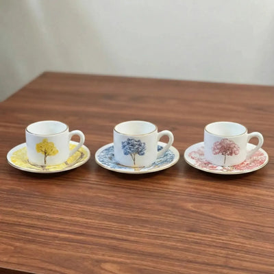 Jogo 6 Xícaras de Chá com Pires Cerâmica Ypê Colorido com Filete de Ouro 200ml Scalla