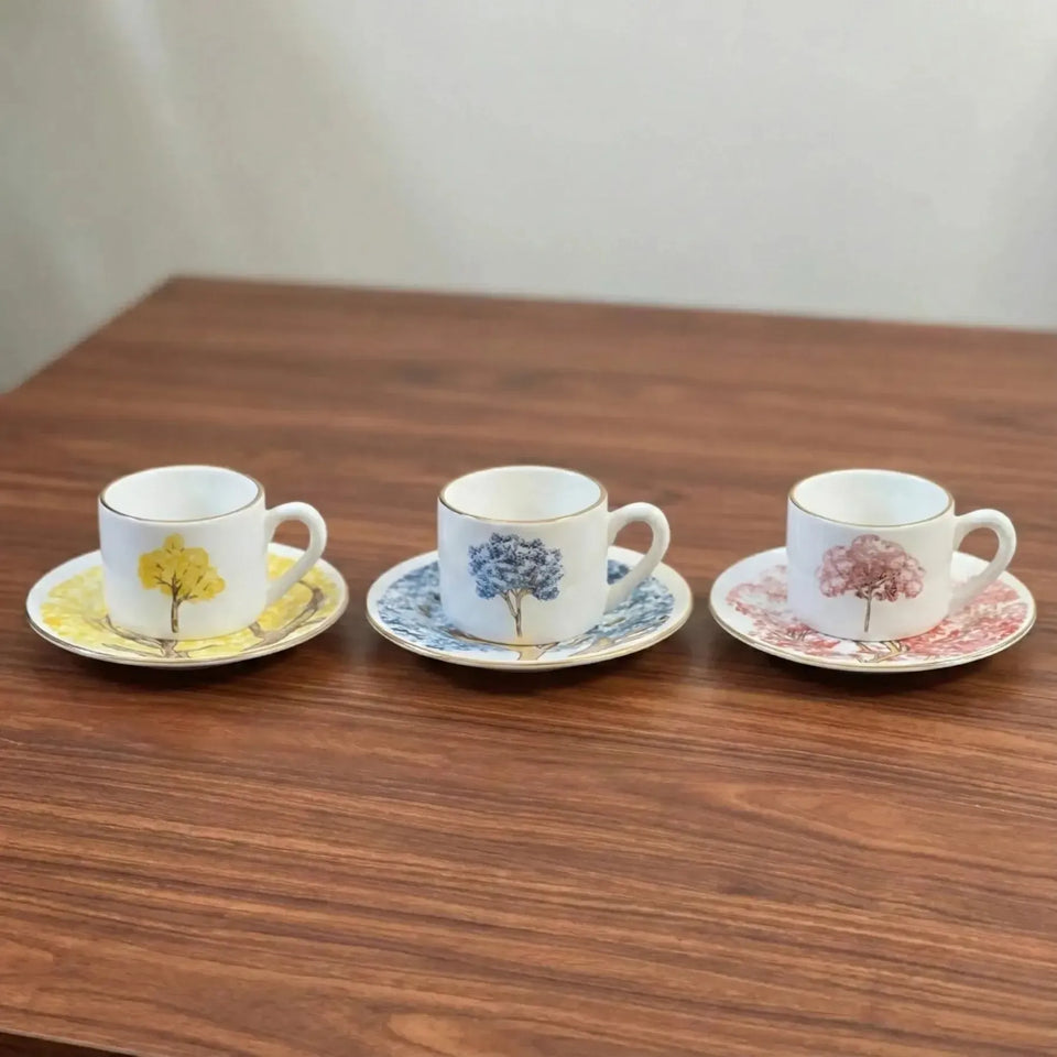 Jogo 6 Xícaras de Chá com Pires Cerâmica Ypê Colorido com Filete de Ouro 200ml Scalla