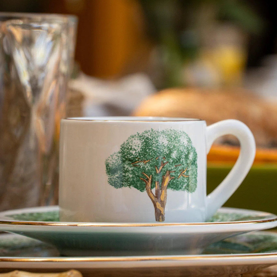 Jogo 6 Xícaras de Chá com Pires Cerâmica Ypê Verde com Filete de Ouro 200ml Scalla