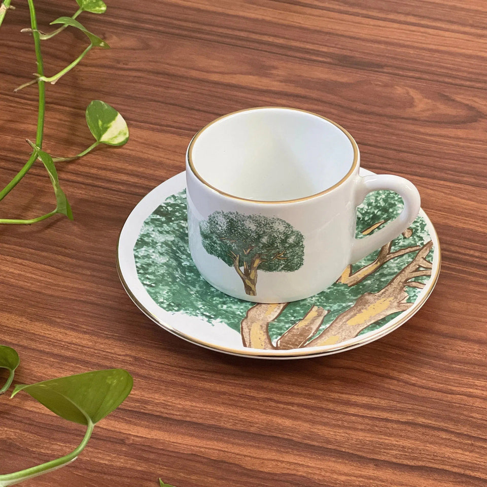 Jogo 6 Xícaras de Chá com Pires Cerâmica Ypê Verde com Filete de Ouro 200ml Scalla