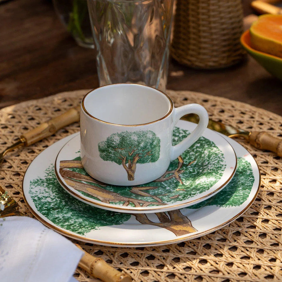 Jogo 6 Xícaras de Chá com Pires Cerâmica Ypê Verde com Filete de Ouro 200ml Scalla