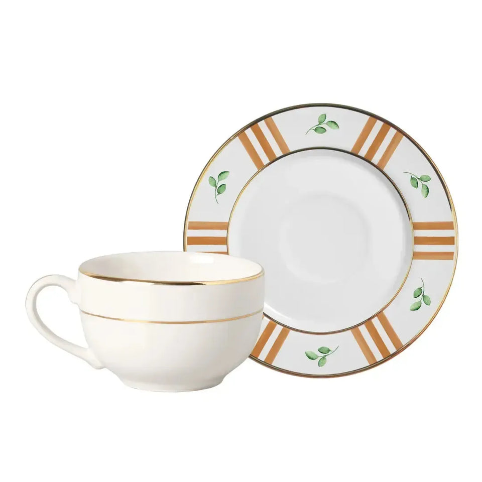 Jogo 6 Xícaras de Chá com Pires Cerâmica com Filete Dourado Fall 250ml Alleanza