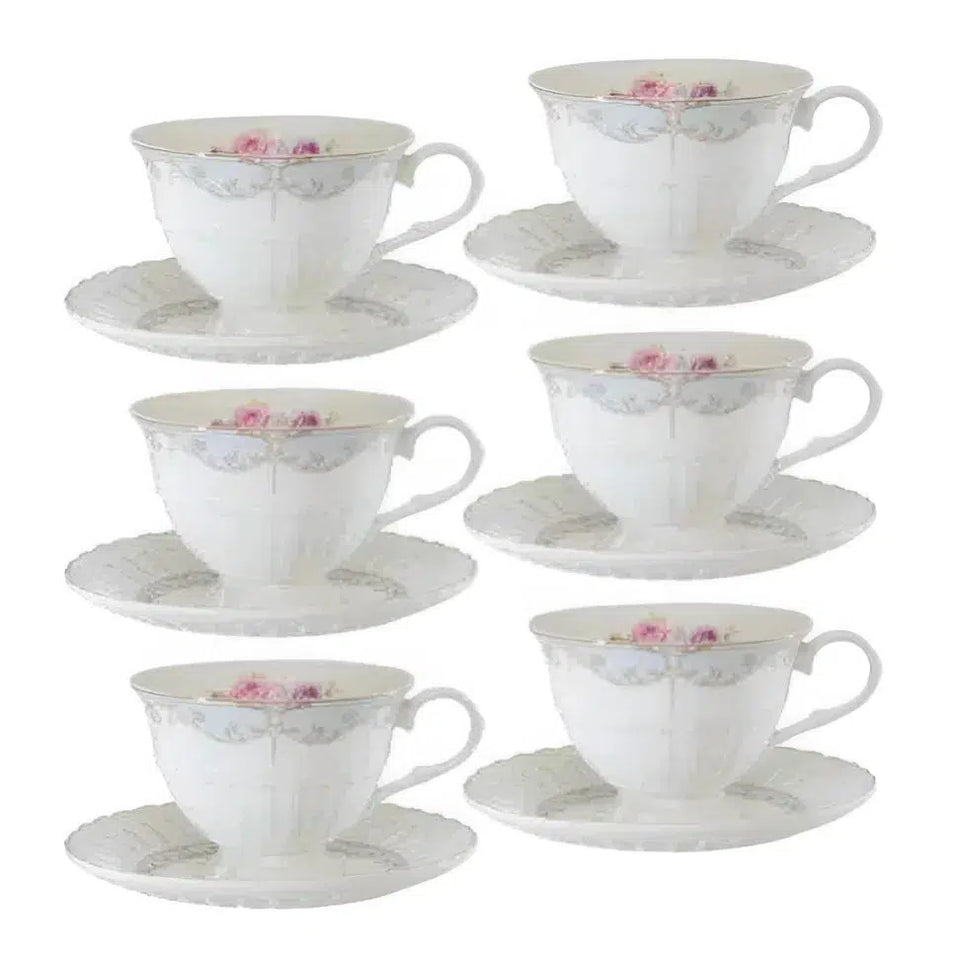 Jogo 6 Xícaras de Chá com Pires New Bone China Mon Cheri 220ml L'Hermitage