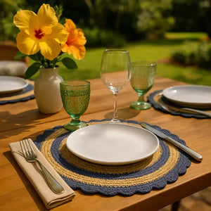 Jogo Americano Palha Cestaria Detalhe Croche Azul 34cm