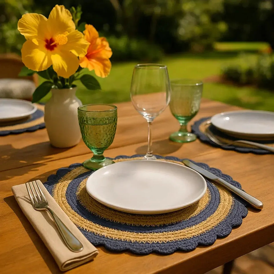 Jogo Americano Palha Cestaria Detalhe Croche Azul 34cm