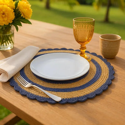 Jogo Americano Palha Cestaria Detalhe Croche Azul 34cm