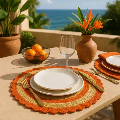 Jogo Americano Palha Cestaria Detalhe Croche Coral 34cm