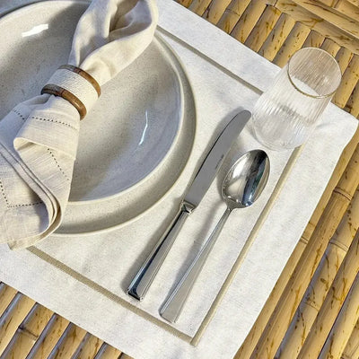 Jogo Americano Retangular Linho Off White Borda Bege 38x52