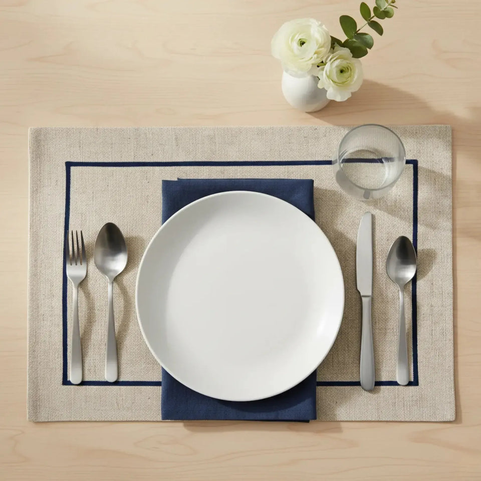 Jogo Americano Retangular Linho Off White Borda Marinho 38x52