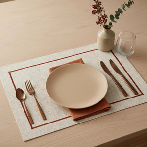 Jogo Americano Retangular Linho Off White Borda Terracota 38x52