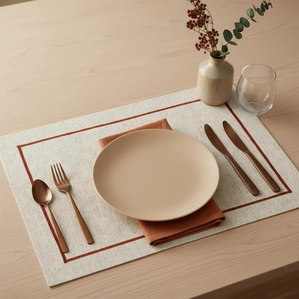 Jogo Americano Retangular Linho Off White Borda Terracota 38x52