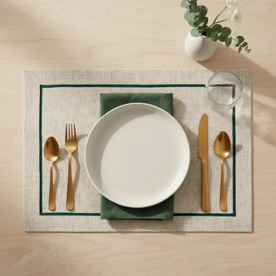 Jogo Americano Retangular Linho Off White Borda Verde 38x52