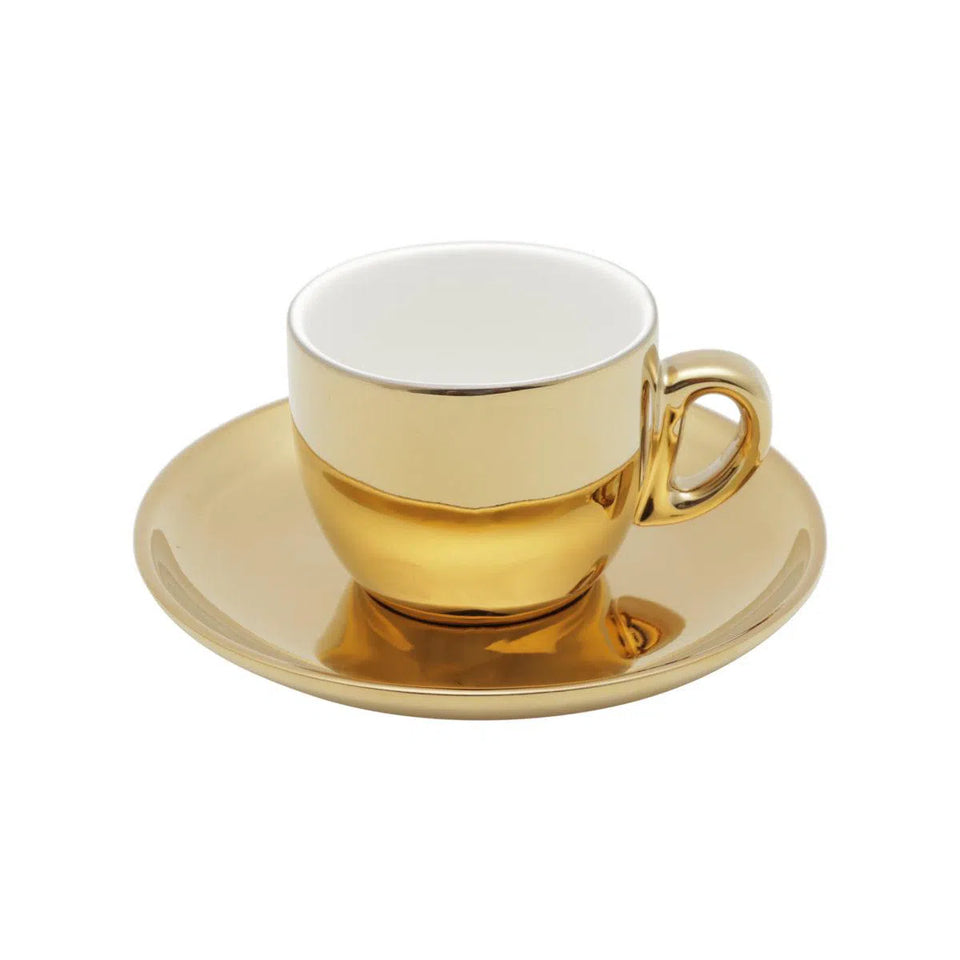 Kit 6 Xícaras de Café Com Pires e Suporte Porcelana Versa Branco/Dourado 90ml