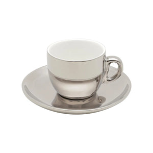 Kit 6 Xícaras de Café Com Pires e Suporte Porcelana Versa Branco/Prata 90ml