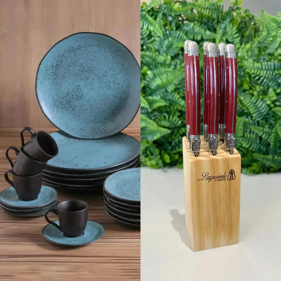 Kit Aparelho de Jantar Stoneware Orgânico Petroleum 30 Peças Porto Brasil + Faqueiro Laguiole La Maison Luxo Bordeaux 30 Peças