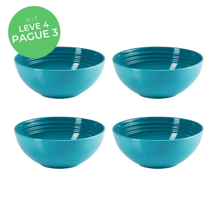 Kit Le Creuset - Leve 4, Pague 3: 4 Bowls Redondos Cerâmica Azul Caribe 16cm