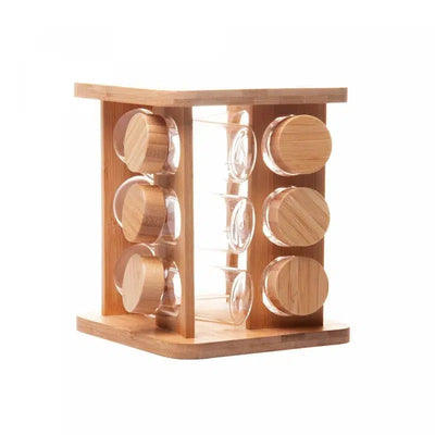 Kit com 12 Potes de Vidro Borossilicato com Tampa Hermética e Rack Giratório em Bambu Wolff