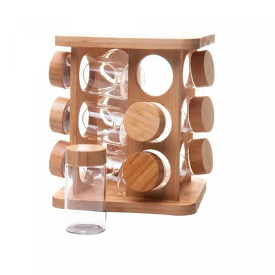 Kit com 12 Potes de Vidro Borossilicato com Tampa Hermética e Rack Giratório em Bambu Wolff