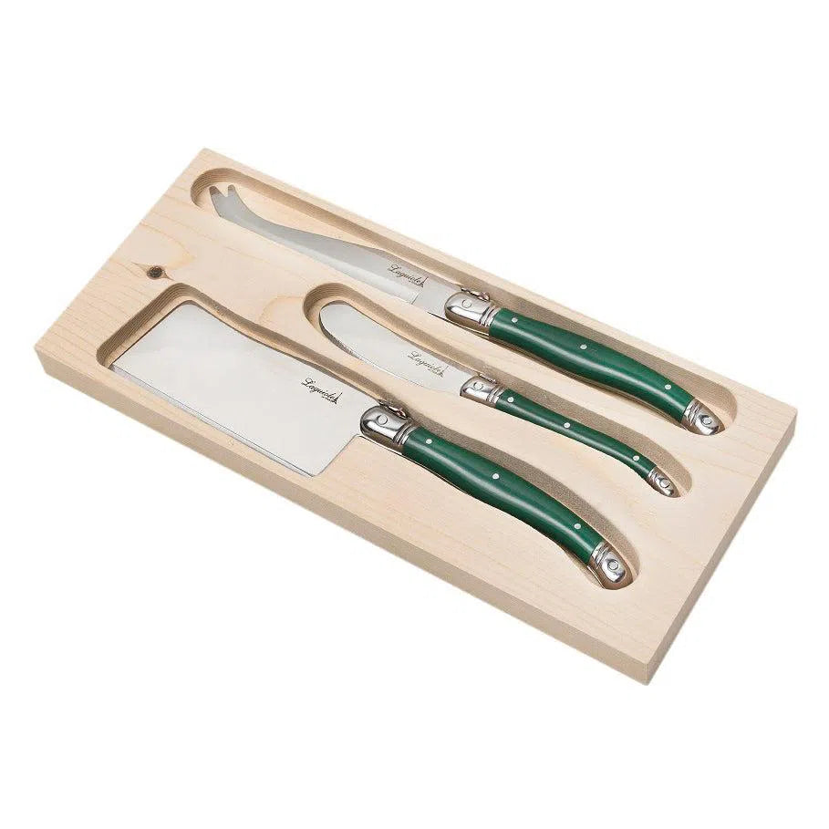 Kit com 3 Facas para Queijo Luxo Com Bandeja Madeira Verde Laguiole