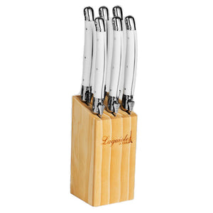 Kit com 6 Facas Luxo Com Suporte Madeira Branco Laguiole