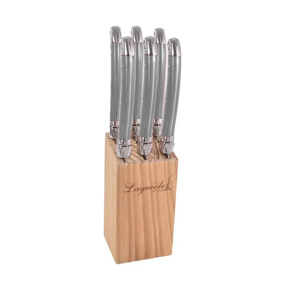 Kit com 6 Facas Luxo Com Suporte Madeira Cinza Laguiole