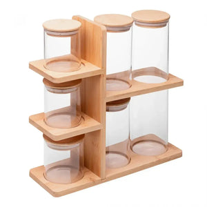 Kit com 6 Potes de Vidro Borossilicato com Tampa Hermética e Suporte em Bambu Wolff
