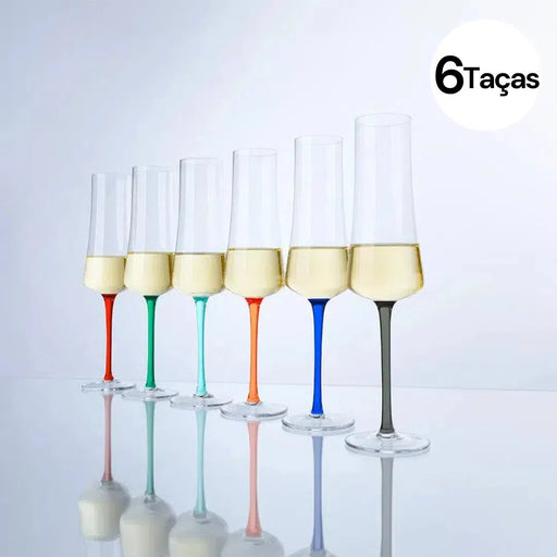 Kit com 6 Taças para Espumante em Cristal Sommelier 210ml Hastes Coloridas