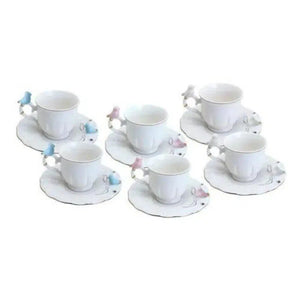 Kit com 6 Xícaras de Café Com Pires Porcelana Birds Round Plate Colorido 100ml